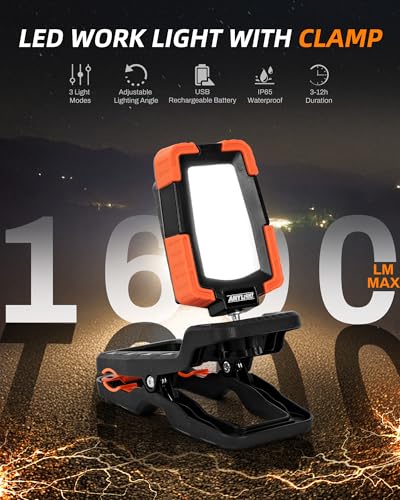 LED Rechargeable Work Light with Clamp,1600LM Magnetic Clip Work Lights with 3 Light Modes, 360° ＆ 115° Rotate Portable Clamp Work Light, IP65 Waterproof for Car Repairing, Job Site, Workshop