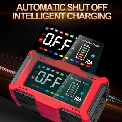 Car Battery Charger 10A with Large LCD Display for 12V Lead Acid & 14.6V LiFePO₄, Automatic Battery Maintainer, Trickle Charger, Desulfator, AGM/Gel/SLA Charger for Cars Trucks Motorcycles Boats