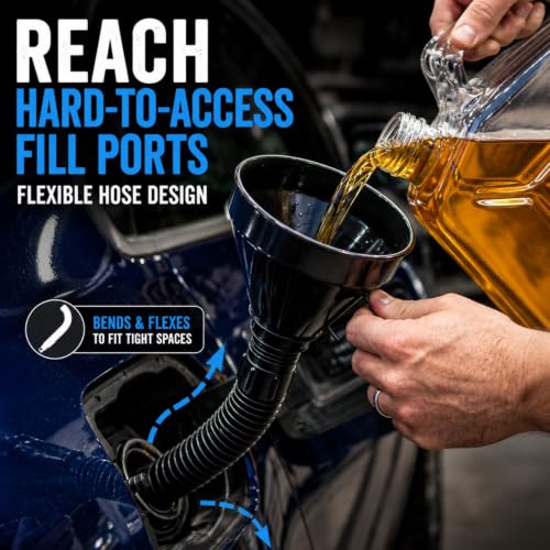 5 Pcs Automotive Oil Funnel Set, Spill-Free Fluid Transfer Kit. | Wide Mouth Fuel Funnel with Extension Hose & 4 Standard Funnels for Gas, Diesel, Motor Oil, Transmission Oil, Cars Trucks.