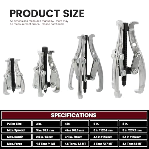Motor Tech Gear Puller Set, 3" 4" 6" 8'' 3 Jaw Puller Kit for Pulley Gear Bearing Flywheel Removal, Heavy Duty Pulley Puller with Reversible Jaws Bearing Puller Tool Kit (3'' 4'' 6'' 8'') - style: 3'' 4'' 6'' 8''