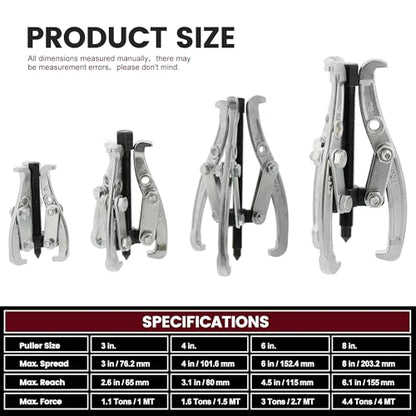 Motor Tech Gear Puller Set, 3" 4" 6" 8'' 3 Jaw Puller Kit for Pulley Gear Bearing Flywheel Removal, Heavy Duty Pulley Puller with Reversible Jaws Bearing Puller Tool Kit (3'' 4'' 6'' 8'') - style: 3'' 4'' 6'' 8''