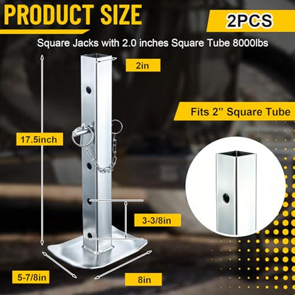 2 Pcs Drop Leg and Pin for Jack, 8000 lbs, Adjustable Jack Stand for 2 Inch Square Tube Trailer, Heavy Duty Galvanized Steel Drop Legs with 5 Mounting Holes for Car Maintenance Support