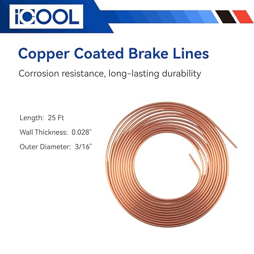ICOOL 25 ft 3/16" Copper-Plated Brake Line Flaring Tool Kit with 20 Fittings and 4 Unions Brake Line Fittings, Brake Line Kit with Tube Bender and Reamer