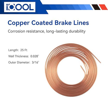 ICOOL 25 ft 3/16" Copper-Plated Brake Line Flaring Tool Kit with 20 Fittings and 4 Unions Brake Line Fittings, Brake Line Kit with Tube Bender and Reamer