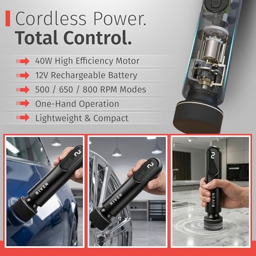 RIVEN Cordless Car Polisher Buffer Kit, Adjustable 3 Speeds - 2Pcs 12V Rechargeable Battery, 3inch Orbital and Rotary Fast Polisher for Car Detailing, Waxing, Paint Correction Car & RV Polisher