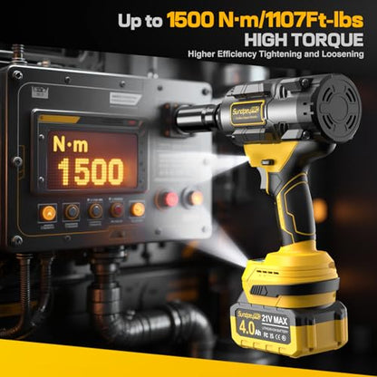 1/2" Cordless Impact Wrench - 1107Ft-lbs（1500N·m）21V 3 Speed High Torque Brushless Impact Gun with 2 x 4.0Ah Batteries & Charger & 6 Sockets & 5" extension bar for Tire Removal Rusted Bolts