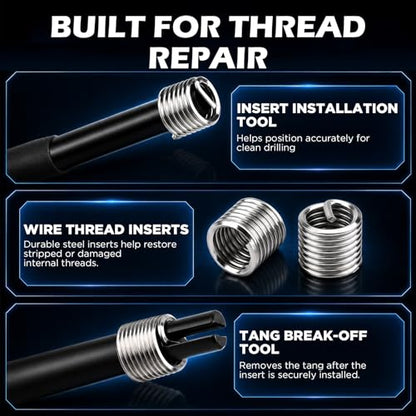 175PC SAE Thread Repair Kit, Thread Restorer Tool Set with HSS Drill Bits, Taps, Thread Inserts, Installation and Break-Off Tools for Stripped Threads, Automotive Repair, Metalworking and Garage Use - size: 175-Pc SAE Pro Kit