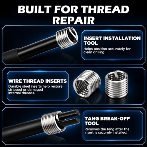 175PC SAE Thread Repair Kit, Thread Restorer Tool Set with HSS Drill Bits, Taps, Thread Inserts, Installation and Break-Off Tools for Stripped Threads, Automotive Repair, Metalworking and Garage Use - size: 175-Pc SAE Pro Kit