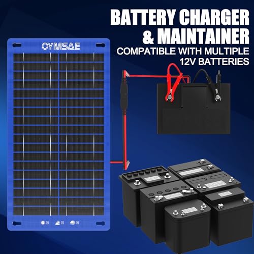 OYMSAE 12V 15W Solar Trickle Charger & Maintainer - Waterproof Battery Charger with Smart Controller for Car Boat RV Truck Marine - Includes Cigarette Plug & Alligator Clips - size: 15W