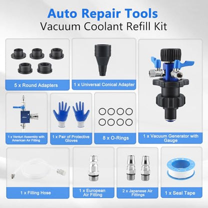 Coolant Vacuum Refill Kit with Gauge, Cooling System Vacuum Fill Tool with Leak Detector, 5 Round Adapters 1 Conical Adapter, Radiator Coolant Fill Kit with Dual-Movement Gauge for Vacuum Leak