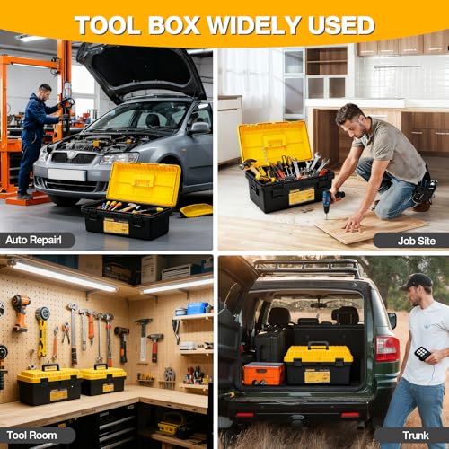 4 Pack Heavy Duty Plastic Tool Box Set, Stackable Portable Boxes, 13-19" | Removable Trays, Nesting, Adjustable Dividers, 50 lb Capacity, Modular Storage, Stackable, Garage, Workshop, Jobsite, Home