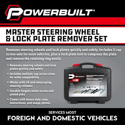 Powerbuilt Master Steering Wheel and Lock Plate Puller Kit, Foreign and Domestic Vehicles, 16 Piece Car Repair Tool Set - 648748 - style: 16 Piece
