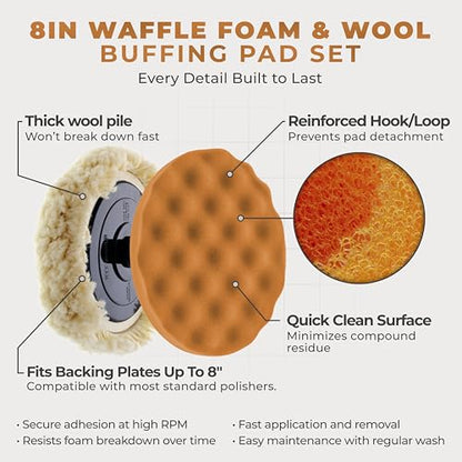 TCP Global Complete 3 Pad Buffing and Polishing Kit with 3-8" Pads; 2 Waffle Foam and 1 Wool Grip Pads and a 5/8" Threaded Polisher Grip Backing Plate