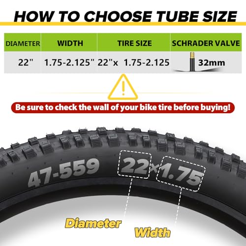 2 Pack Bike Tube 12"/14"/16"/18"/ 20"/ 22"/24"/ 26"/27.5"/28"/29" | 1.75/1.95/2.10/2.125 Bicycle Tube with 2 Tire Levers, 32mm AV Schrader Valve, Butyl Rubber Inner Tube for Kids/Road/MTB Bike - style: 22" X 1.75/2.125 (2pack)