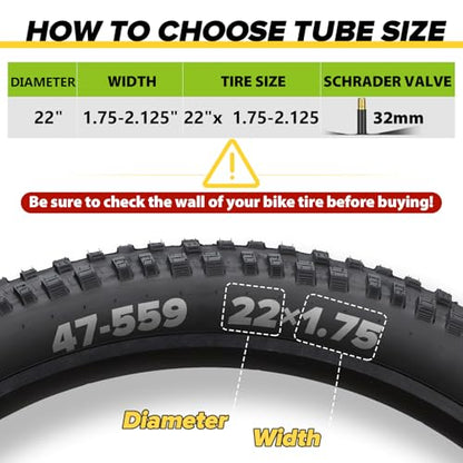2 Pack Bike Tube 12"/14"/16"/18"/ 20"/ 22"/24"/ 26"/27.5"/28"/29" | 1.75/1.95/2.10/2.125 Bicycle Tube with 2 Tire Levers, 32mm AV Schrader Valve, Butyl Rubber Inner Tube for Kids/Road/MTB Bike - style: 22" X 1.75/2.125 (2pack)