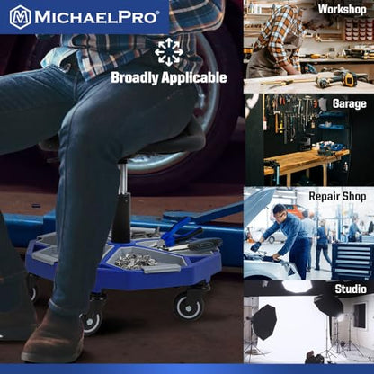 MichaelPro Rolling Mechanic Stool with 5 Removable Tool Trays for Storage, Pneumatic Garage Shop Chair with 350 lb Capacity, Adjustable Height, Padded Swivel Shop Stool with Wheels, Brakes, Backrest
