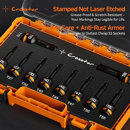 Crosstar 10-Piece Impact Torx Bit Socket Set(T25~T70), 1/2" Drive Cr-Mo Steel, Long High Impact Star Sockets for Automotive & Heavy-Duty Use, Professional Mechanic Tools with Transparent Case - size: T25-T70 (Long)