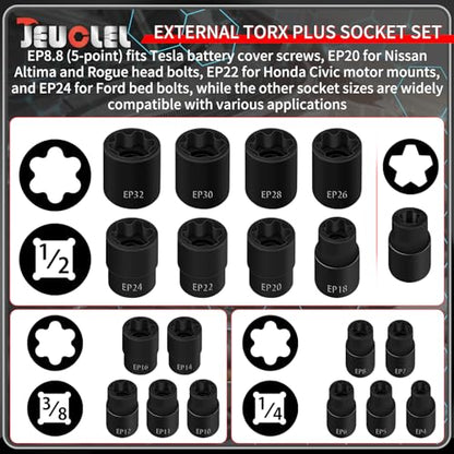 19PCS External Torx Plus Socket Set, 1/2” 3/8” 1/4'' Dr. EP Sockets | 5 & 6 Point EP Sockets, EP4-EP32, Female External, E-Torx Plus Socket, External, Cr-V Steel, High Deformation Prevention - size: 19Pcs External Torx Plus Socket Set