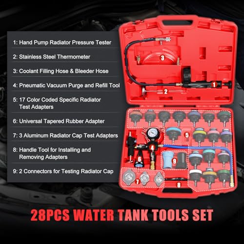 JIFETOR Radiator Coolant Pressure Tester Vacuum Refill Tool Kit, 28PCS Automotive Cooling System Leak Test and Pneumatic Purge Fill Set with Testing Adapter Caps Universal for Airlift Car Auto Truck - color: Red Case