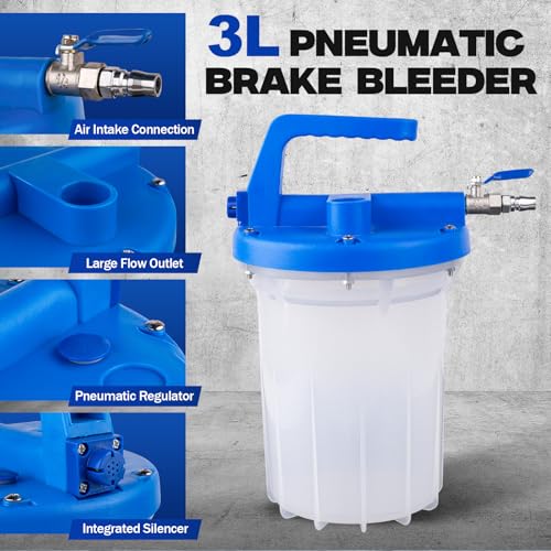 Pneumatic Brake Bleeding Tool with 3L Suction Can, 1L Refill Bottle and 22 Universal Fittings - One Person Upgrade Tool for Car Brake Fluid Bleeding, Automotive Maintenance Use