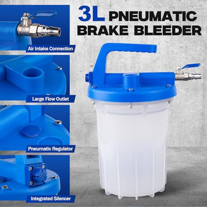 Pneumatic Brake Bleeding Tool with 3L Suction Can, 1L Refill Bottle and 22 Universal Fittings - One Person Upgrade Tool for Car Brake Fluid Bleeding, Automotive Maintenance Use