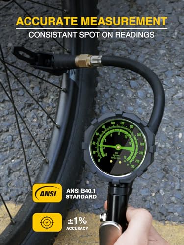 Bike Tire Inflator with 230 PSI Dual-Scale Glow Analog Pressure Gauge, Universal Presta & Schrader Locking Air Chuck for Air Compressor, 360° Swivel Hose, Brass Chuck, Inflation Kit with Storage Case - size: Analog with Box