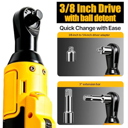 3/8" Cordless Ratchet Wrench,Compatible with DEWALT 20V MAX Battery,73.6 Ft-Lbs (100N.m) Brushless Electric Wrench Ratchet with Variable Speed Trigger,7 Sockets,1/4" Adaptor,3" Extension Bar