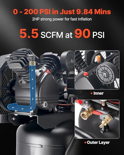 VEVOR 25-Gallon Air Compressor, 2HP 5.5 SCFM at 90PSI, Max 200PSI Pressure Oil-Lubricated Air Compressor Tank, Portable on Wheels for Auto Repair, Tire Inflation, Spray Painting, Woodwork Nailing 120V - size: 25-Gallon