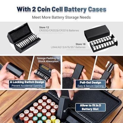 Hard Shell Battery Organizer Holder with Small Battery Tester, IP68 Waterproof Multi 82 Slots Batteries Vault Case for 40 AA & 12 AAA & 12 CR2032 CR2025 & 18 LR44 Button Cell/2 D Size Batteries Case - size: (1 PACK)Battery Organizer for AA AAA CR2032 & Mo
