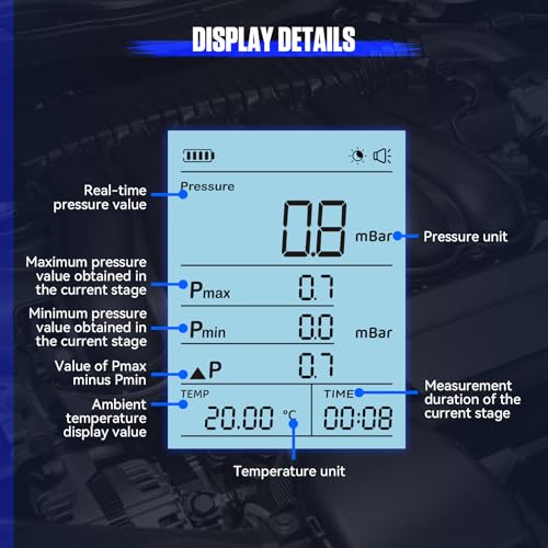 AUTOOL Digital Exhaust Back Pressure Gauge, Exhaust Back Pressure Tester Kit -500~2000mBar for Gasoline Diesel with Adapters & Hoses, Data Holding, Backlit Screen (PT670)