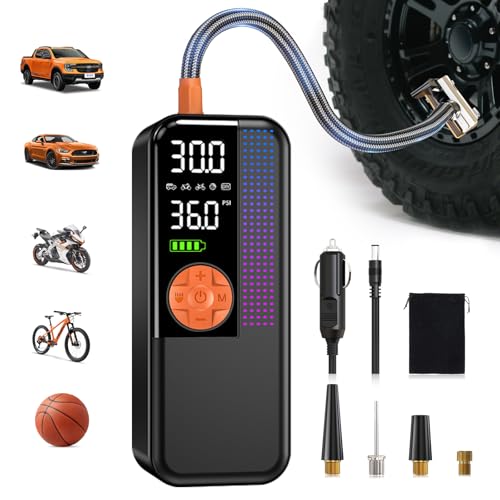 Portable Tire Inflator Air Compressor, 150 PSI Cordless Air Pump, 6000mAh Battery & 12V Car Outlet, Digital Pressure Gauge, Auto Shut-Off, Fast 24L/Min, LED Light, 4 Preset Modes for Car, Bike, Balls - color: Orange, size: 6000mAh