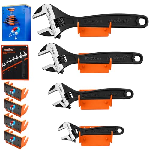 HORUSDY 4-Piece Adjustable Wrench Set With 4-Piece Magnetic Wrench Organizer Racks, 6" 8" 10" Wide Jaw Black Oxide Wrenches with Tool Roll Pouch, Metric&SAE Scales, CR-V Steel for Home Garage Workshop - style: 4 Wide Jaw Wrenches + 4 Magnetic Racks