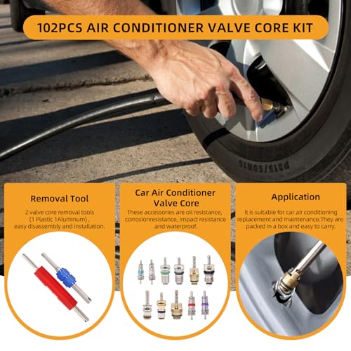 102Pcs Air Conditioning Valve Core Accessories Kit, Includes 100Pcs R12 R134a Valve Core Refrigeration Tire Valve Stem Cores with 2Pcs Remover Tool for Most Cars