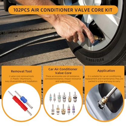 102Pcs Air Conditioning Valve Core Accessories Kit, Includes 100Pcs R12 R134a Valve Core Refrigeration Tire Valve Stem Cores with 2Pcs Remover Tool for Most Cars