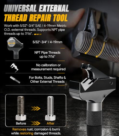 643030ECE Universal Thread Repair Tool 5/32"-3/4" SAE & 4-19mm Metric, Fixed Damaged Bolt Threads Tool | Quick Adjustable External Thread Restorer, Thread Cleaner Chaser for Metric, SAE & NPT Pipe Threads