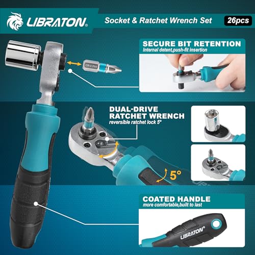 LIBRATON 26PCS 1/4" Drive Mini Socket & Ratchet Wrench Set with Bits, 4-14mm Metric Shallow Sockets, Mini Ratchet Set, Screwdriver Bit Set, Extension Bar, with Storage Case for DIY, Auto Repair
