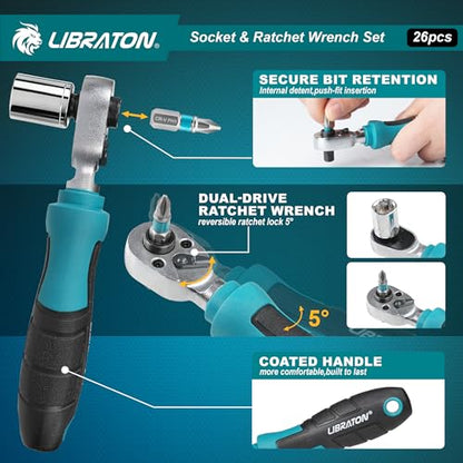 LIBRATON 26PCS 1/4" Drive Mini Socket & Ratchet Wrench Set with Bits, 4-14mm Metric Shallow Sockets, Mini Ratchet Set, Screwdriver Bit Set, Extension Bar, with Storage Case for DIY, Auto Repair