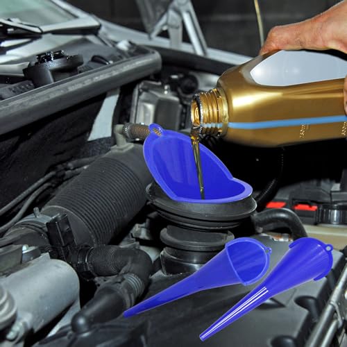 Automotive Funnel Set - 3 Blue Flexible Plastic Car Funnels for Oil, Transmission Fluid, Fuel & Engine Lubricants, Spill-Proof Design for Easy Pouring, Fits Small & Large Container