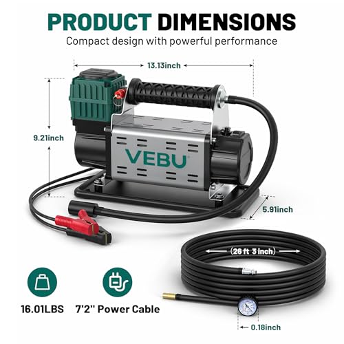 12V Air Compressor, 125PSI Tire Inflator with In-line Pressure Gauge, 5.65CFM Fast Inflation for Off-road Vehicles, Trucks, SUVs, RVs, ATVs, DC Power, Corded Electric - style: Single Cylinder + Inline Gauge