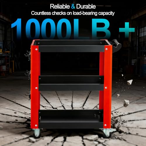 3-Tier Rolling Tool Cart with Pegboard, 1000LBS Load 2 Lockable Casters | Heavy Duty, Metal Mechanic Tool Storage, For Garage, Repair Shop, Warehouse & Workshop