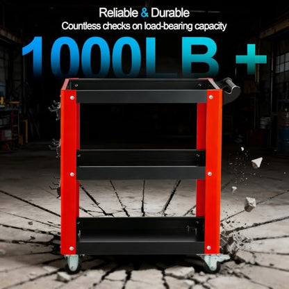 3-Tier Rolling Tool Cart with Pegboard, 1000LBS Load 2 Lockable Casters | Heavy Duty, Metal Mechanic Tool Storage, For Garage, Repair Shop, Warehouse & Workshop