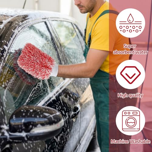 4 Pack Microfiber Car Wash Mitts Set 10x7 Inch Soft Suede Lining Car Wash Gloves, Highly Absorbent Scratch-Free Cleaning Cloths for Auto Detailing, Safe with All Soaps, Bucket (Red) - color: Red