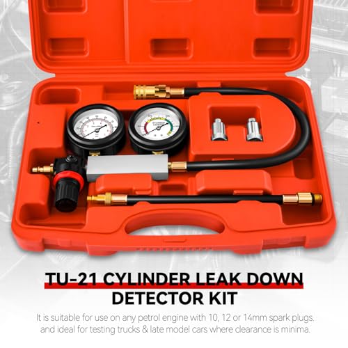 TU-21 Cylinder Automotive Engine Pressure Tester Leak Detector Kit with Compression Gauges, Efficient Leakage Detection, Red