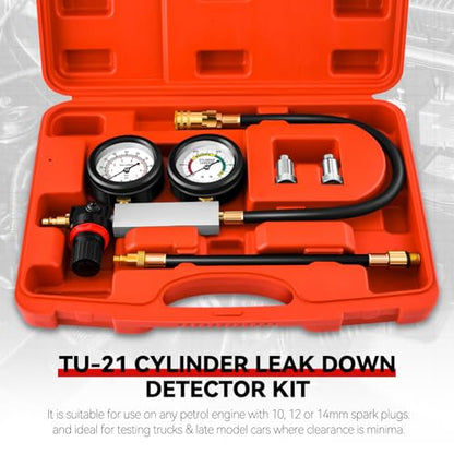 TU-21 Cylinder Automotive Engine Pressure Tester Leak Detector Kit with Compression Gauges, Efficient Leakage Detection, Red