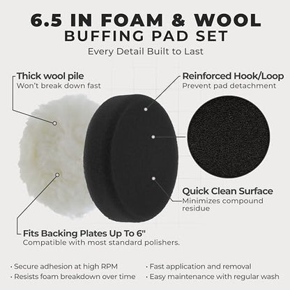 TCP Global 6.5 Inch Buffing Pads Set - 5 Smooth Flat Foam Buffer Pads & 1 Wool Pad for Orbital Buffers, DA Polish Pad for Paint Correction, Polishing Kit for Auto & Boat Gelcoat Detailing