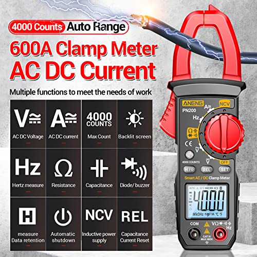 ANENG Digital Clamp Meter,Multimeter Tester,600A AC/DC Current,Voltage,NCV | 4000 Count Amp Voltmeter Measure AC/DC Voltage,Capacitance,Resistance,Diodes,Continuity,Frequency,Backlight Electrical Tools - style: 4000 Counts AC/DC Current