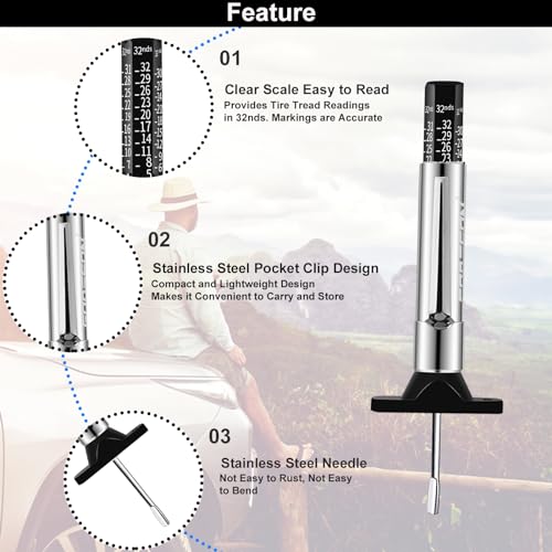 GODESON Tire Tread Depth Gauge, Tire Depth Gauge 32nds, Professional Tire Tread Gauge Tools, Accurate Measurement Tread Depth Metric Gauges for Motorcycle, School Bus, SUV Most Vehicle（Black）