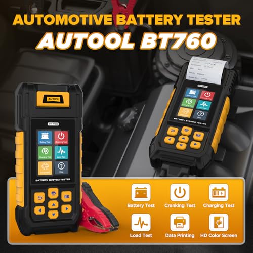 AUTOOL BT760 Automotive Battery Tester with Thermal Printer – 12V/24V Car & Motorcycle Battery Checker, Cranking & Charging Test, Reverse Polarity Protection, HD Color Display