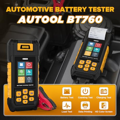 AUTOOL BT760 Automotive Battery Tester with Thermal Printer – 12V/24V Car & Motorcycle Battery Checker, Cranking & Charging Test, Reverse Polarity Protection, HD Color Display