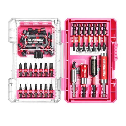 Geinxurn 56Pieces Impact Screwdriver Bits Set, Magnetic S2 Steel Phillips/Slotted/Square/Torx Insert Power Bits Tips, Impact Bit Holder with Pink Storage Box Case - style: STKB056B-PK